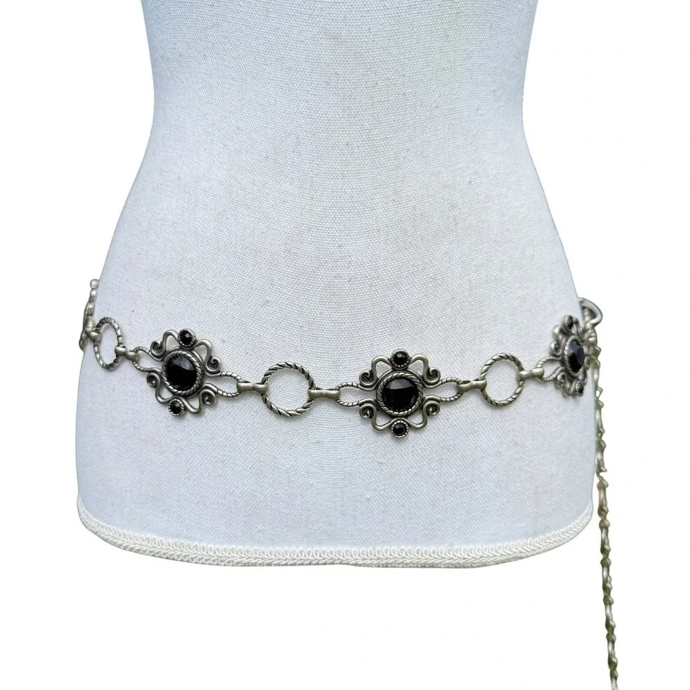 Vintage Silver Tone Black Gemstone Medallion Chain Belt Gothic Boho Adjustable